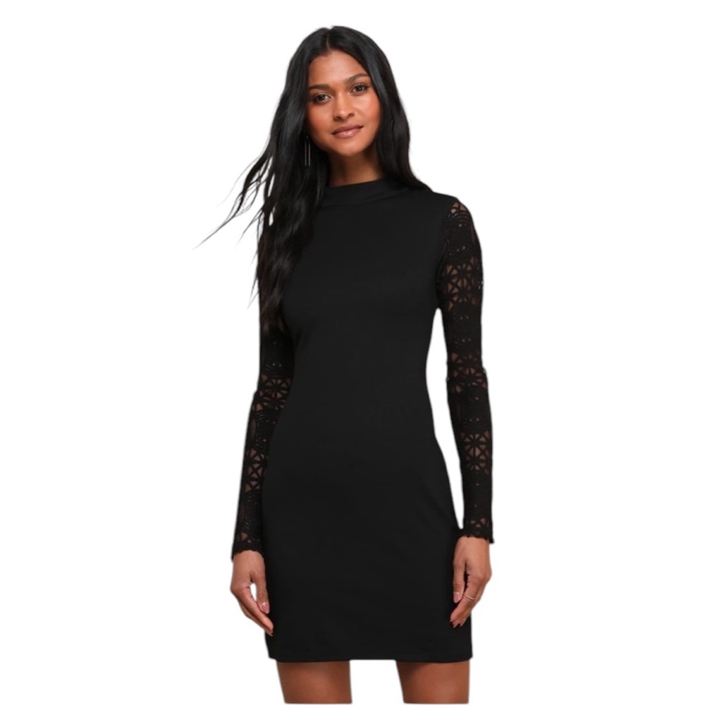 Lulus Lace Up Your Sleeve Black Lace Long Sleeve Bodycon Mini Dress S
